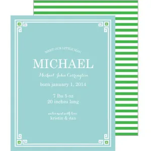 Aqua   Green Greek Key Border A2 Birth Announcement Card