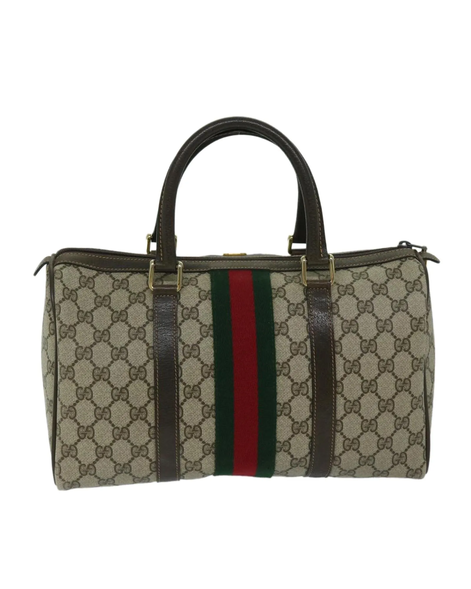 Beige and Red GG Supreme Boston Bag with Signature Web Detail