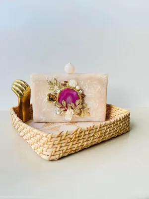 Beige Embroidered Rectangle Clutch