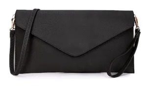 BLACK OVER-SIZED ENVELOPE CLUTCH BAG WITH LONG CROSS BODY AND WRISTLET STRAP