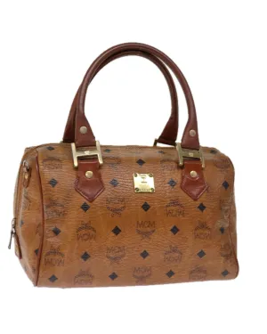 Brown PVC Leather Boston Bag with Logogram Pattern