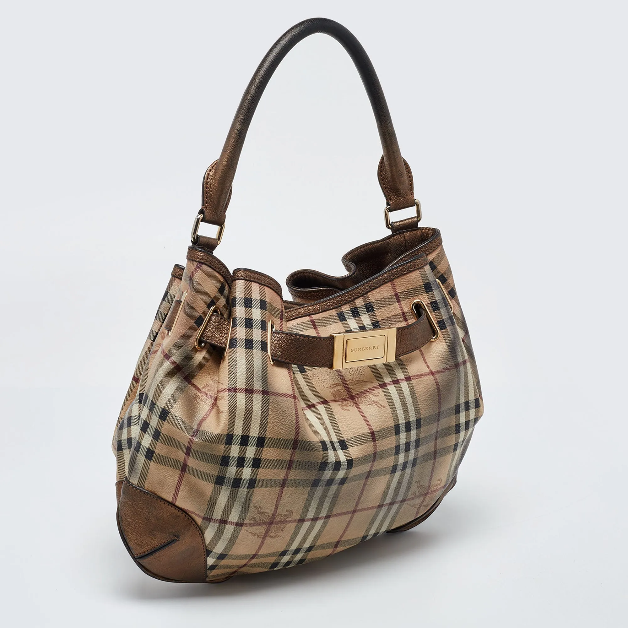 BURBERRY Bronze/Beige Haymarket Check PVC and Leather Medium Willenmore Hobo