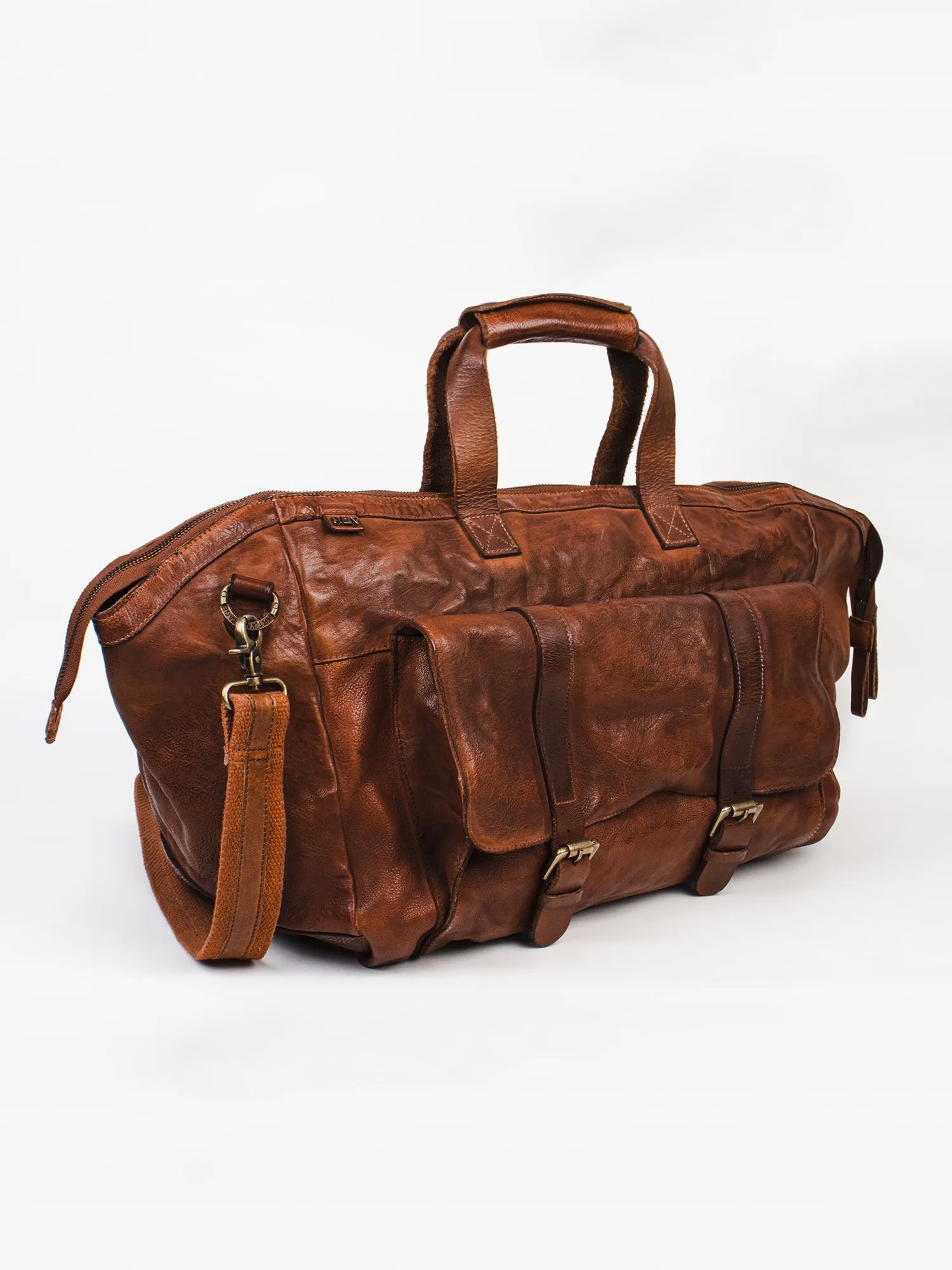 Ethan: Cognac Weekender Bag In Washed Leather For Travel