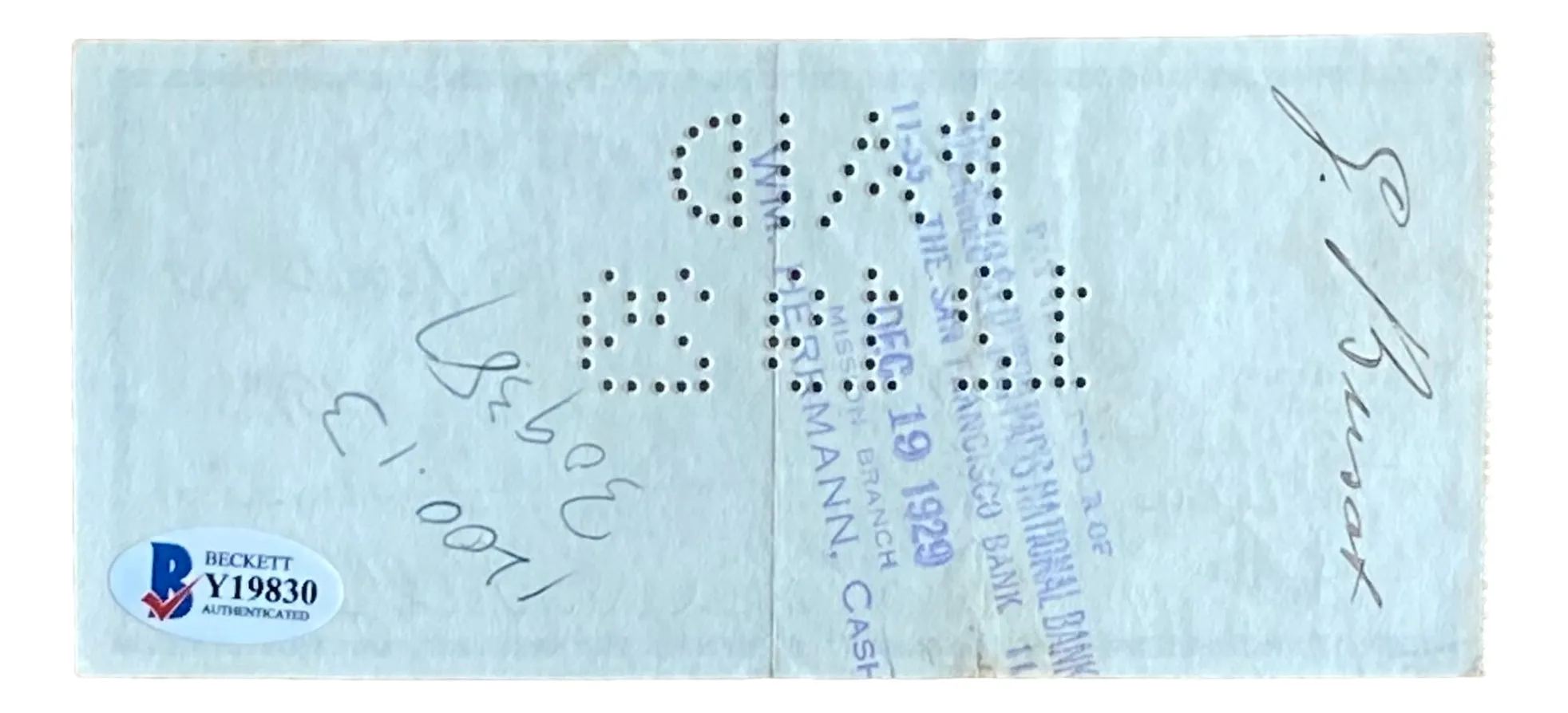 George Kelly New York Giants Signed December 12 1929  Bank Check BAS