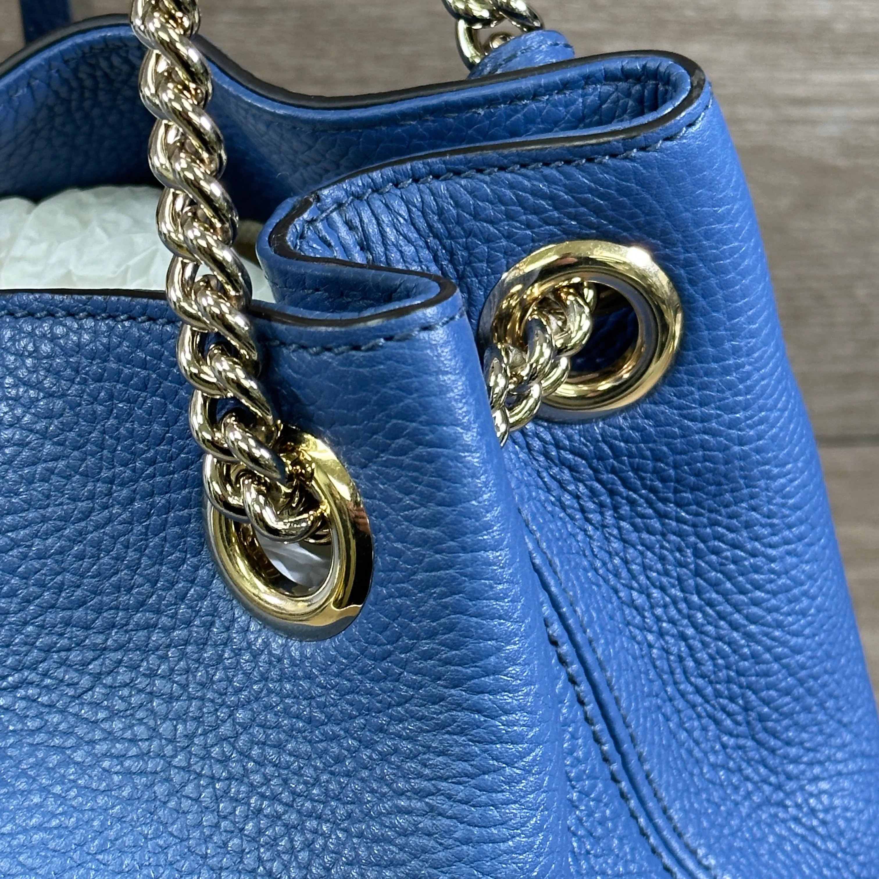 Gucci Soho Blue Caspian Gold Double Chain - Hobo Leather Shoulder Bag