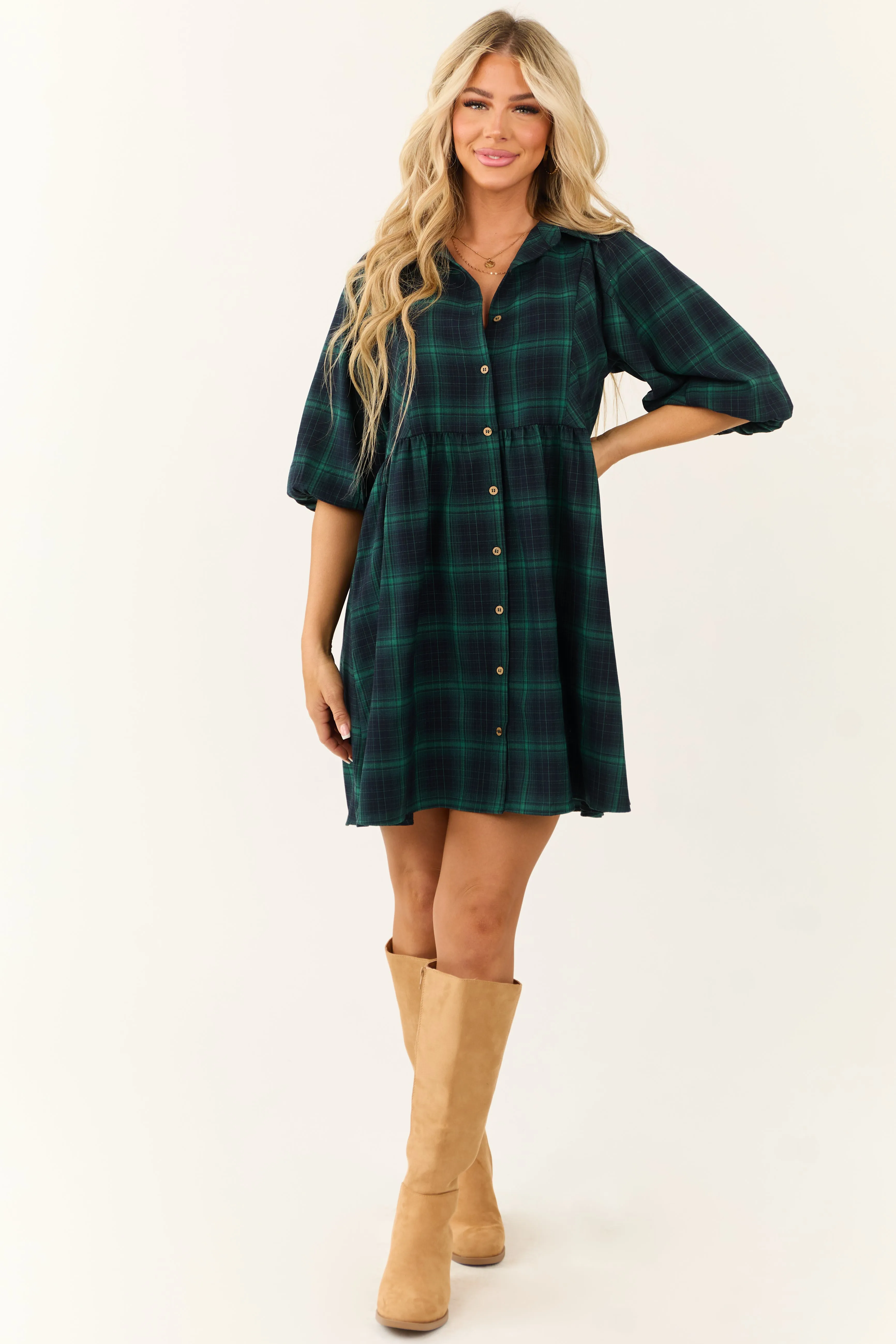 Kelly Green Plaid Button Down Short Dress