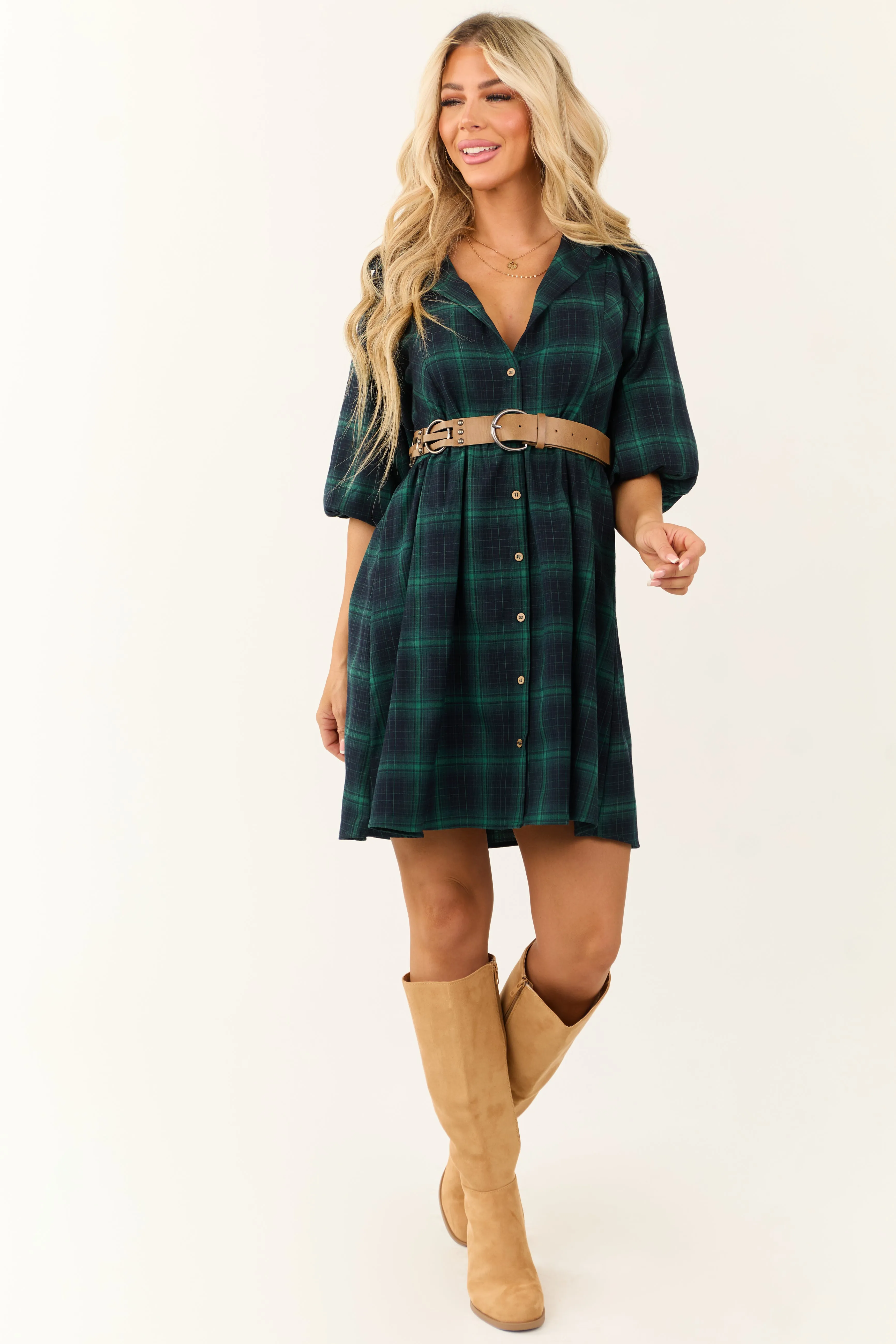 Kelly Green Plaid Button Down Short Dress