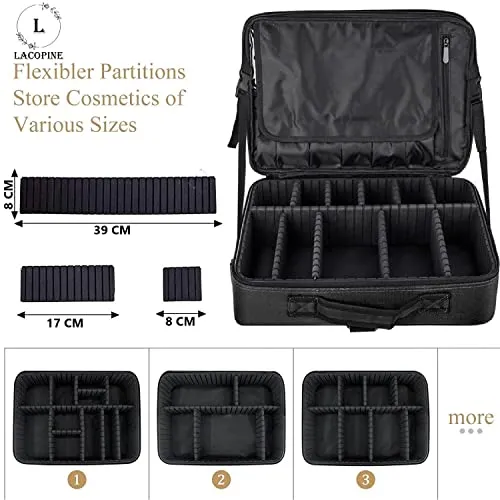 LACOPINE Travel Professional Makeup Case Organizer Bag for Women | Portable Artist Storage Makeup Brush Bag with Adjustable Dividers (Black, 18 INCH (2 Layer))