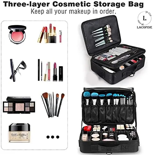 LACOPINE Travel Professional Makeup Case Organizer Bag for Women | Portable Artist Storage Makeup Brush Bag with Adjustable Dividers (Black, 18 INCH (2 Layer))