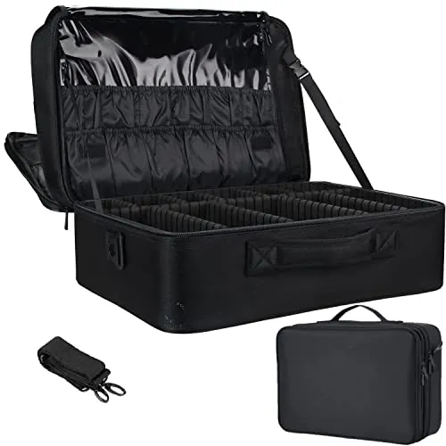 LACOPINE Travel Professional Makeup Case Organizer Bag for Women | Portable Artist Storage Makeup Brush Bag with Adjustable Dividers (Black, 18 INCH (2 Layer))