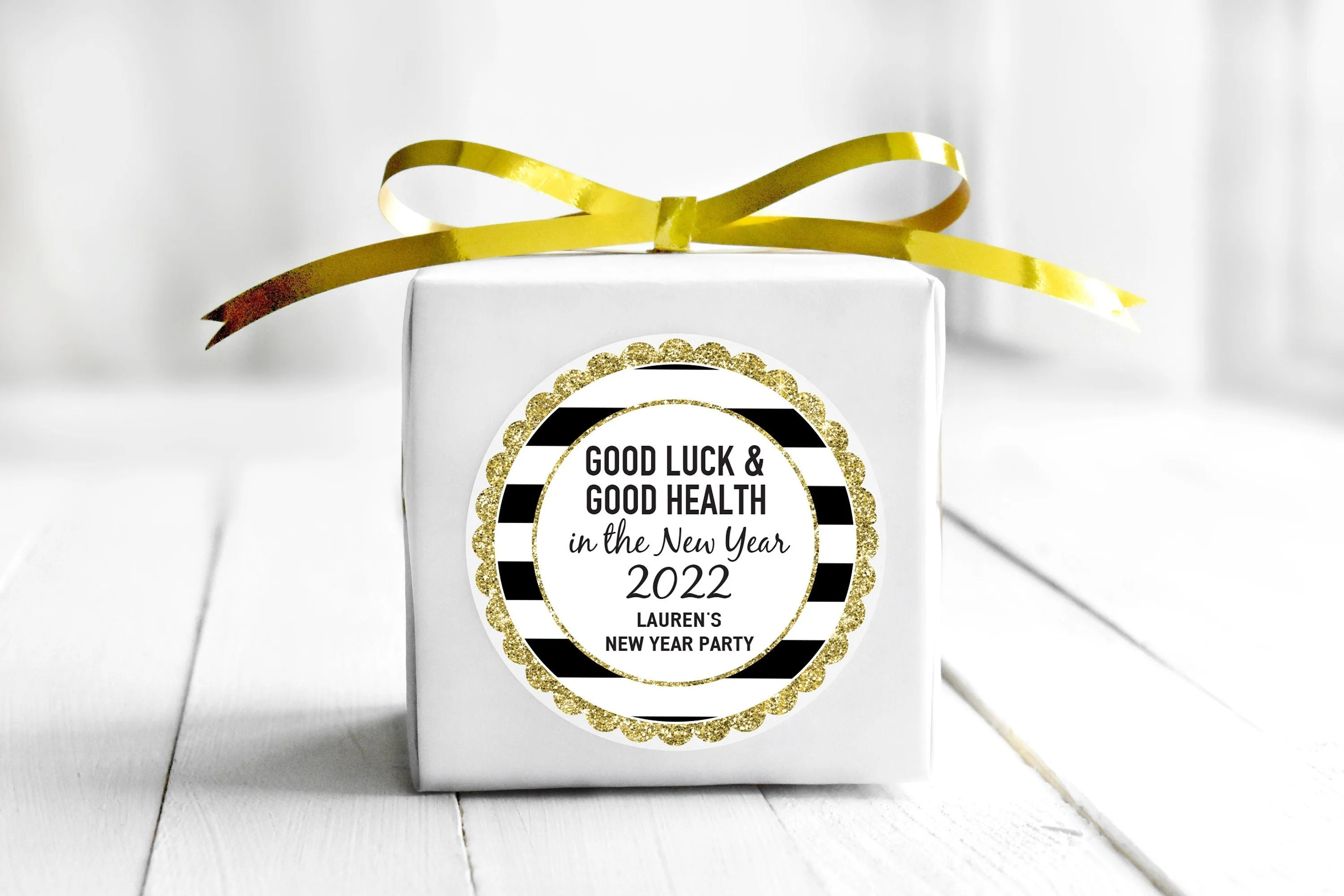 New Years Eve Party Stickers, Good Luck Good Health Goodie Bag Stickers Treats, New Years Favor Stickers, Gold Black - Set of 24