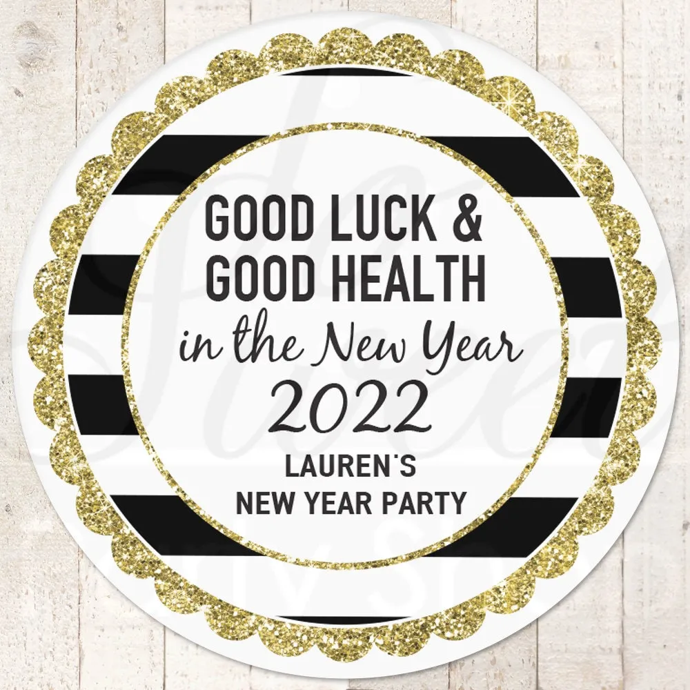 New Years Eve Party Stickers, Good Luck Good Health Goodie Bag Stickers Treats, New Years Favor Stickers, Gold Black - Set of 24