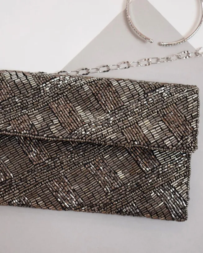 Pewter Criss Cross Beaded Clutch