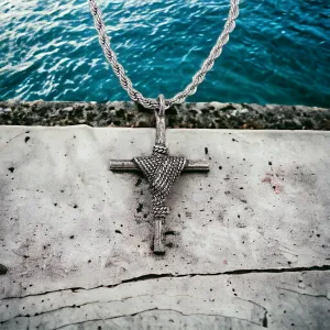 Rope Wrapped Cross Antique Silver Metal Finish Rope Chain Necklace