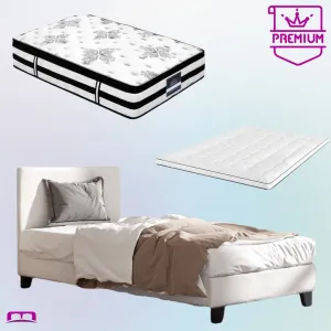 Single Premium Package | Coogee Bed Frame Cuddly White Bouclé, Algarve Euro Top Pocket Spring Mattress (Medium Firm) & Pillowtop Mattress Topper