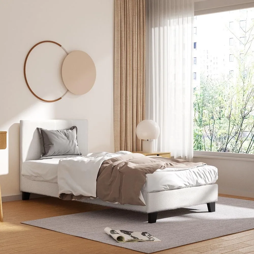 Single Premium Package | Coogee Bed Frame Cuddly White Bouclé, Algarve Euro Top Pocket Spring Mattress (Medium Firm) & Pillowtop Mattress Topper