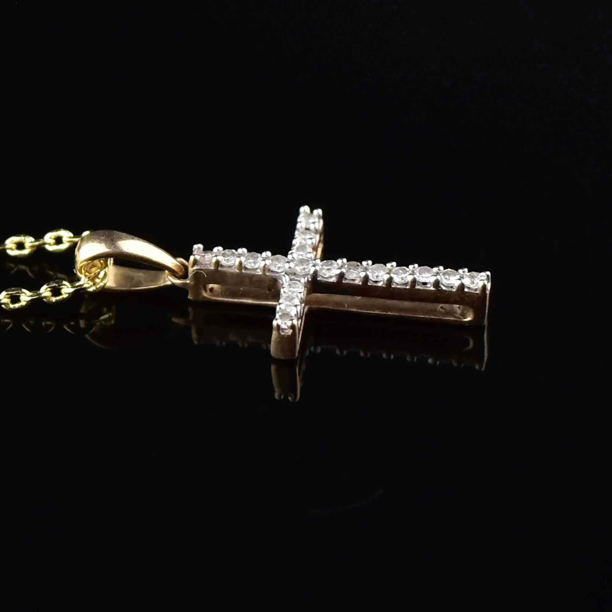 Vintage 10K Gold Diamond Cross Pendant Necklace